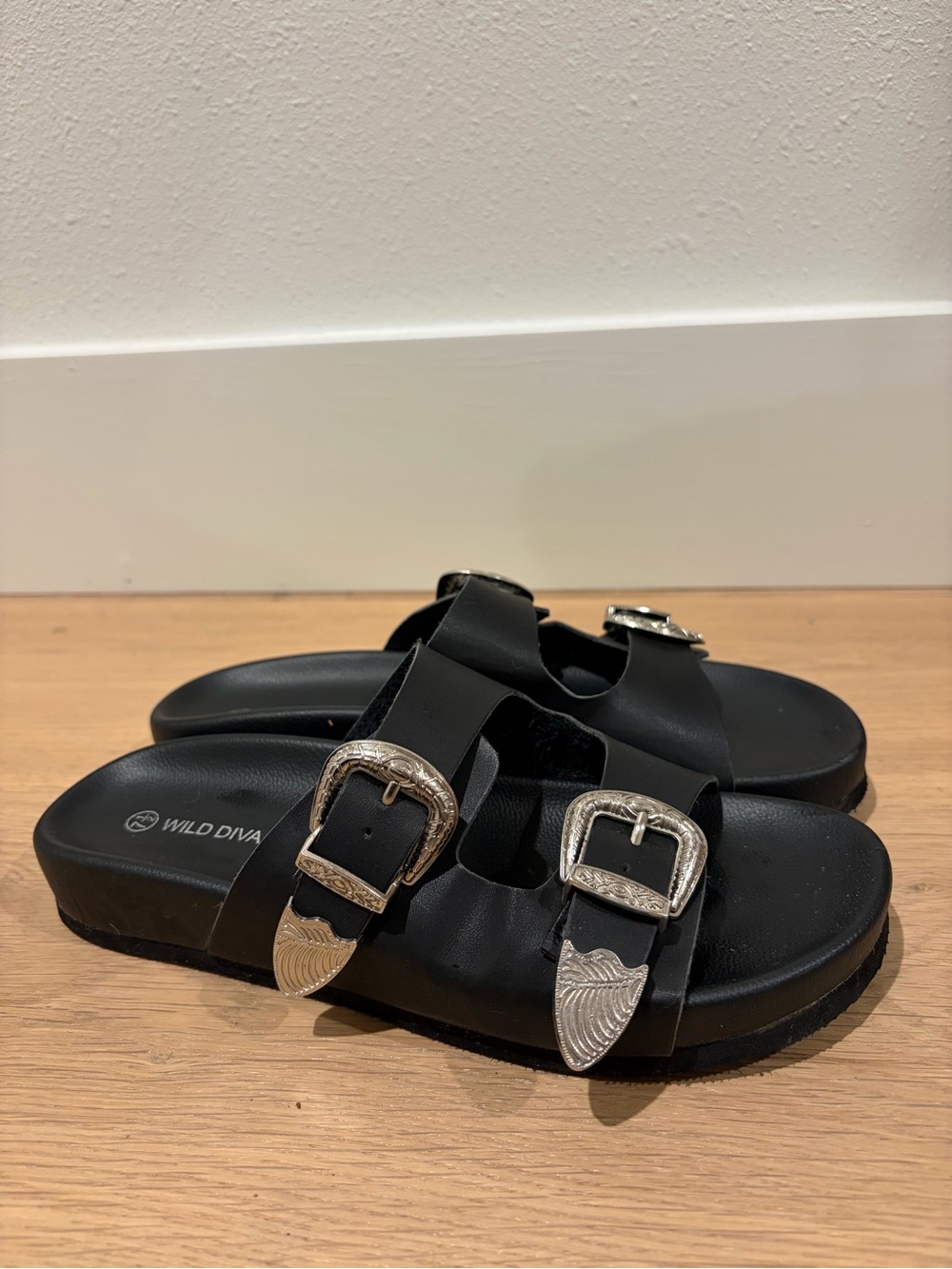 Wild Diva Black Double Buckle Western Slide Sandals